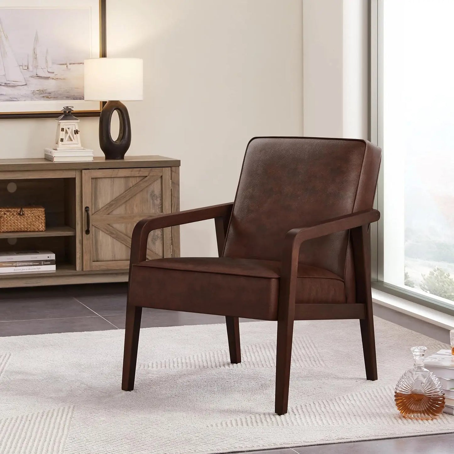 PU Leather Accent Chair, Mid-Century Modern Barrel Chair with Wooden Frame and Soft Thick Padded for Living Room Bedroom