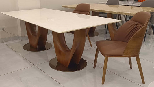 Albero White Marble Dining Table with Wooden Base and Modern Chairs