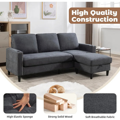 Convertible Sectional Couches for Living Room, L-Shaped Couch 3 Seats Sofas with Storage Chaise & 2 Cup Holders  home furniture