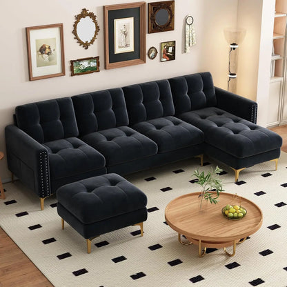 Velvet Modern Large Sectional Sofa, U Shape Upholstered Couch with Chaise, Convertible Sofa Couch with Movable Ottoman