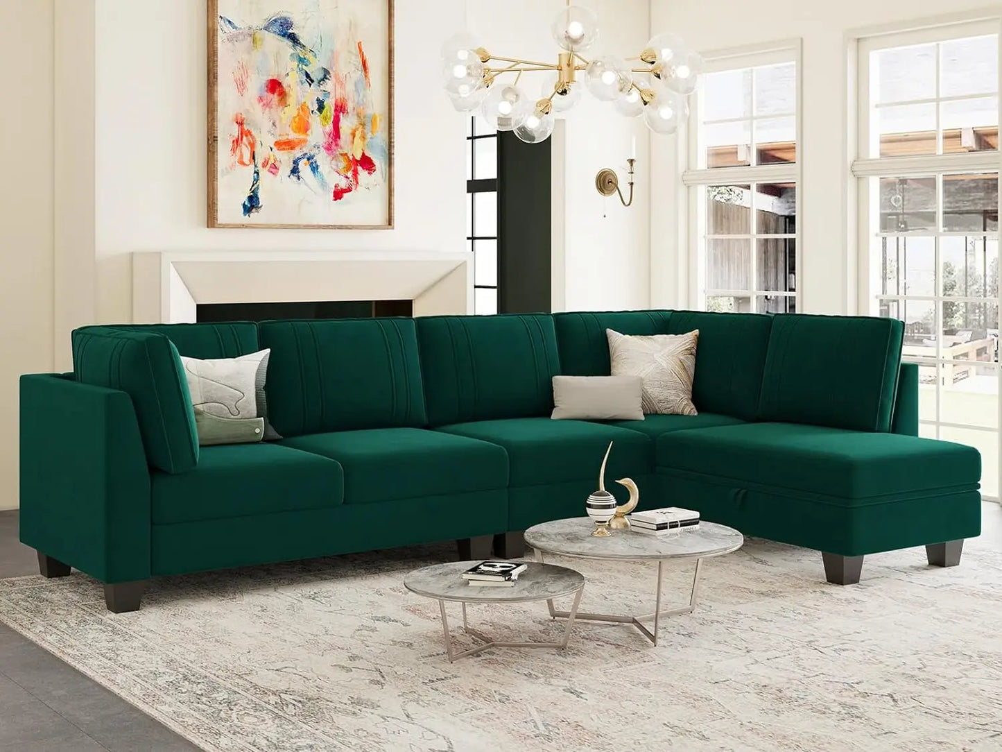 L Shaped Sofa Velvet Reversible Sectional Sofa with Storage Ottoman Convertible Cream L-Shaped Sofa Set