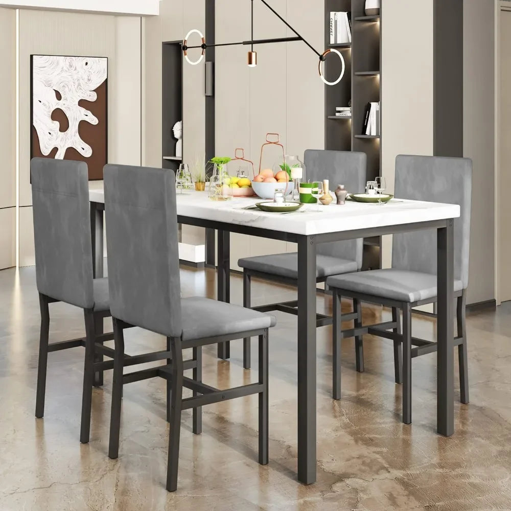 New Dining Table Set for 4 with 4 PU Leather Chairs,5-Piece Marble DiningTable Set with 4 Velvet Metal Frame Chairs for Kitchen