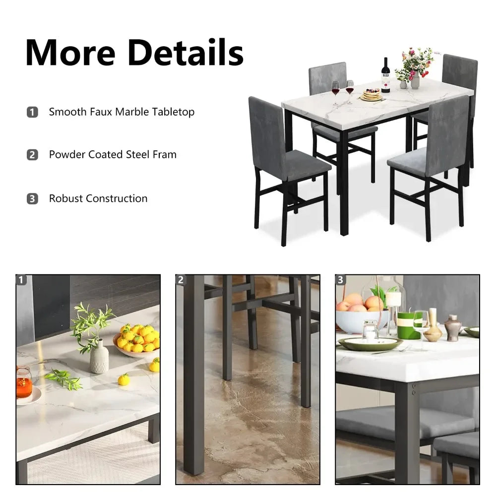 New Dining Table Set for 4 with 4 PU Leather Chairs,5-Piece Marble DiningTable Set with 4 Velvet Metal Frame Chairs for Kitchen