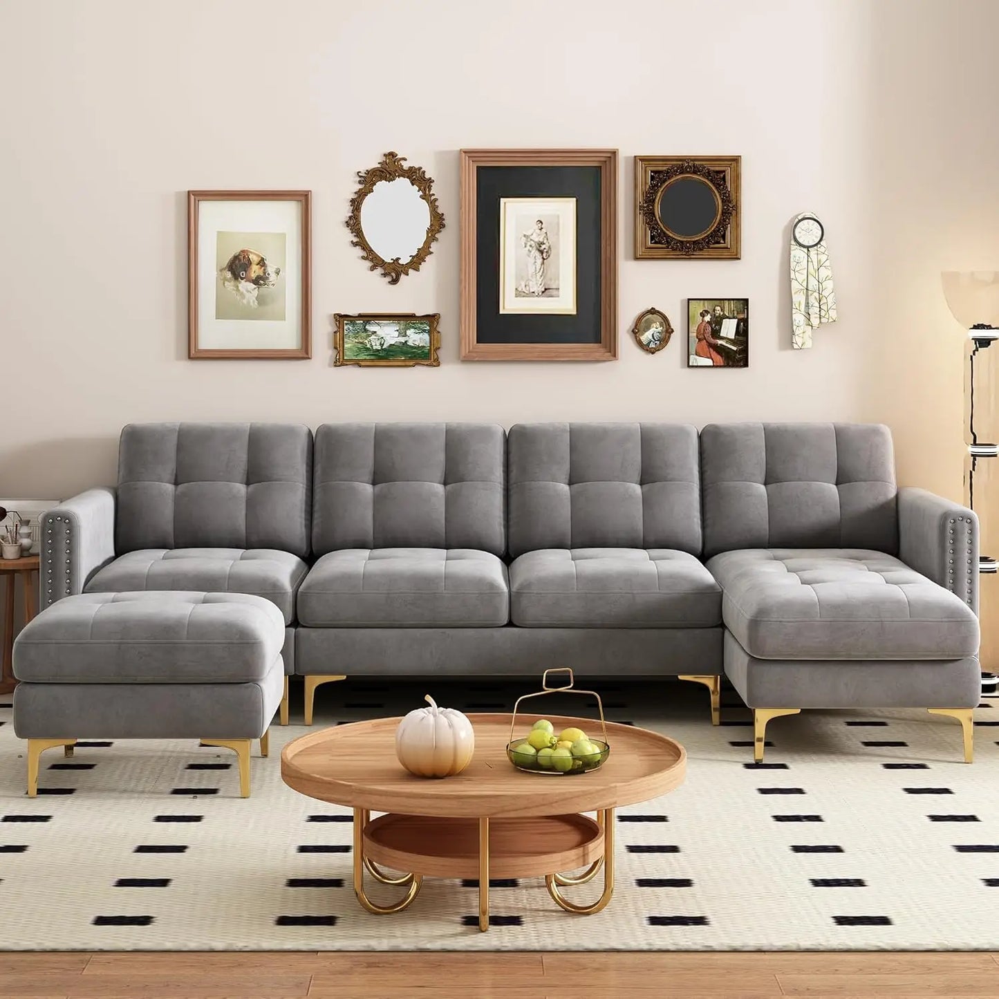 Velvet Modern Large Sectional Sofa, U Shape Upholstered Couch with Chaise, Convertible Sofa Couch with Movable Ottoman