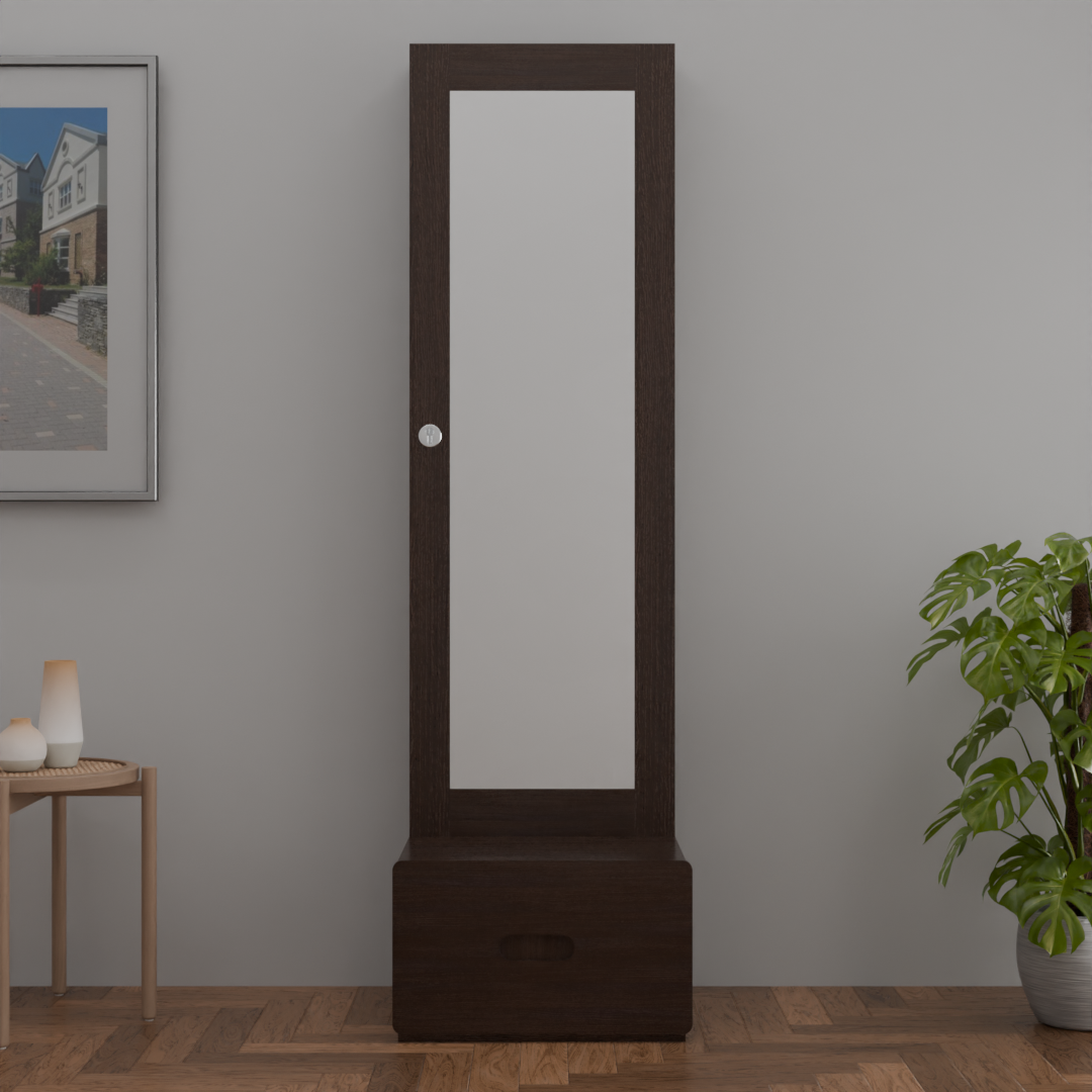 The Sculpted Mirror Dressing Table with a wood finish