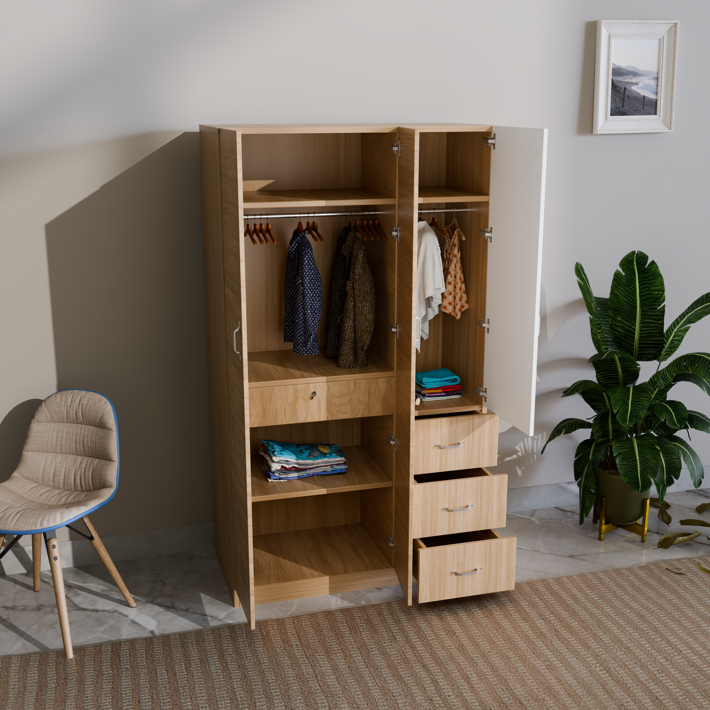 sarmen 3 door almirah with 3 drawer storage space