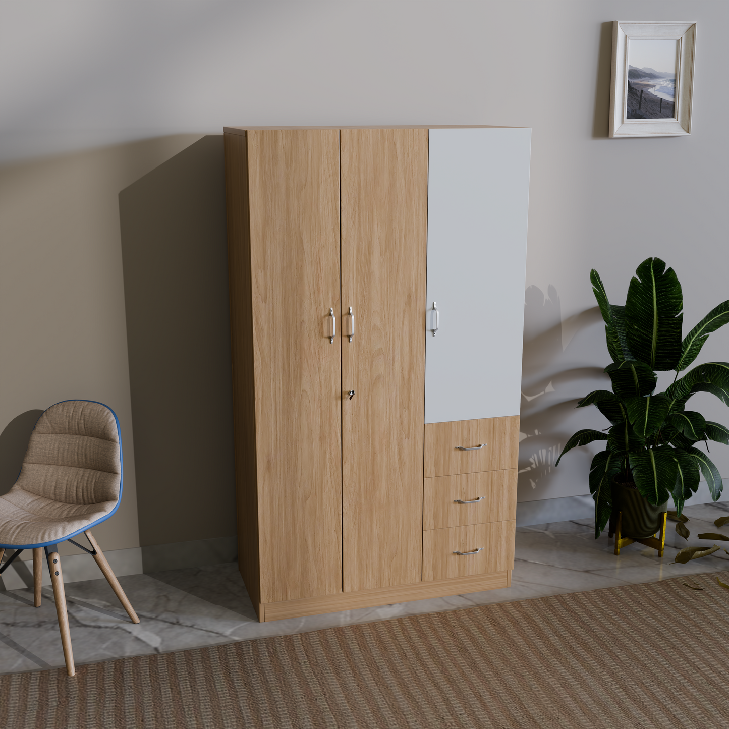 sarmen 3 door almirah with 3 drawer storage space