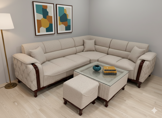 China Gate Sofa Set – Luxury L-Shaped Sofa with puffy & Glass Table